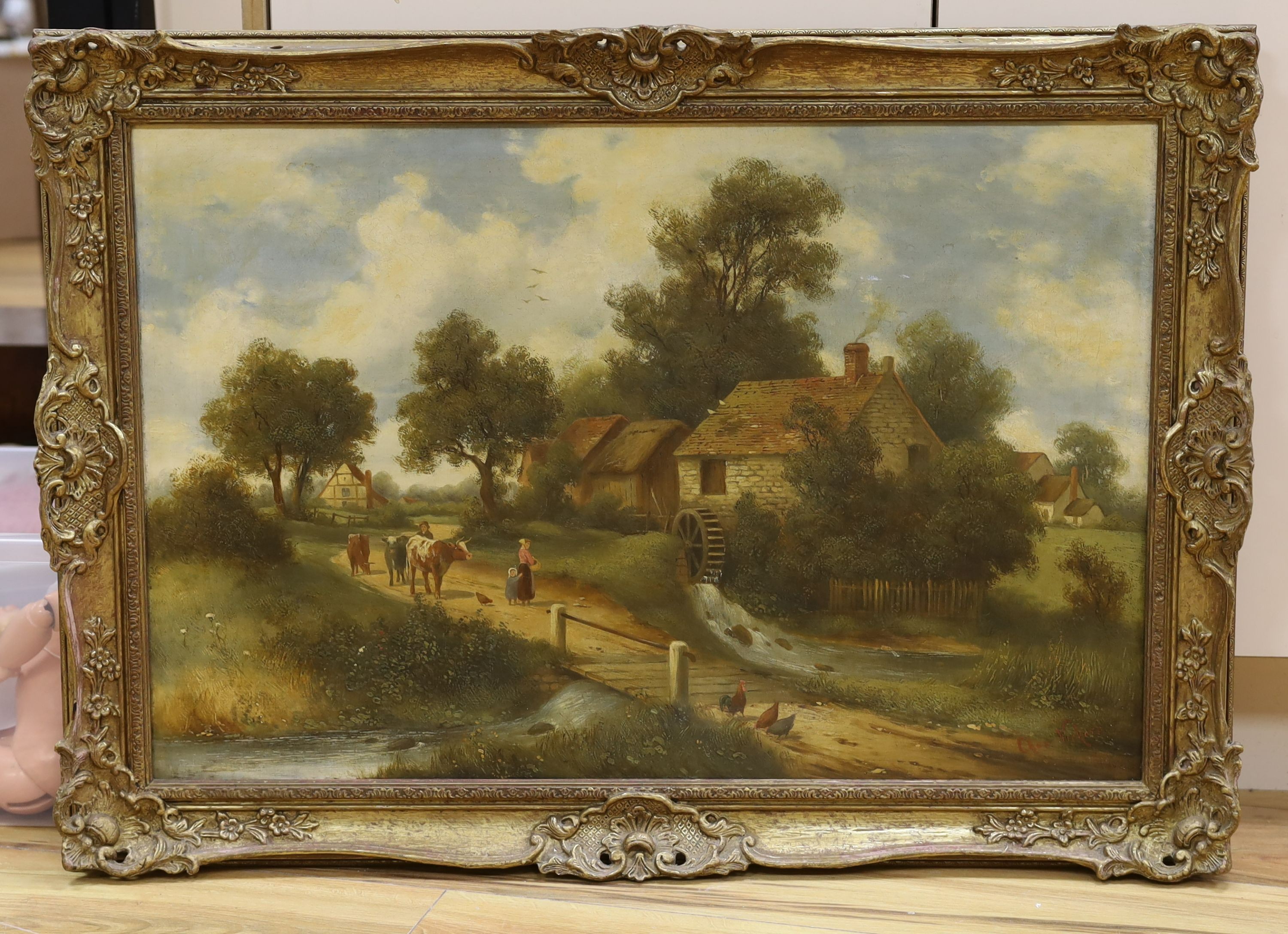 Charles Vickers (1821-1895), oil on canvas, Figures passing a watermill, signed, 50 x 76cm